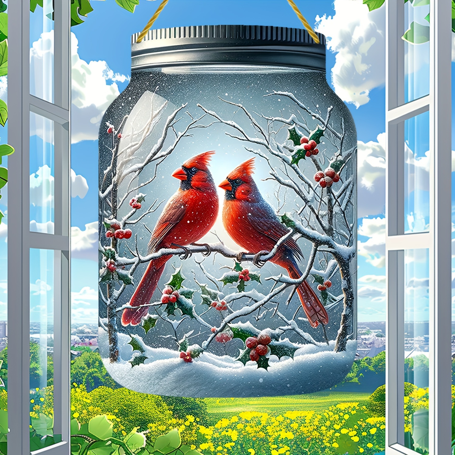 

Charming Winter Duo Acrylic Wall Decor - 2d Mason Jar Design With Snowy Scene, Festive Berries & Frosty Wildlife, Perfect For Holiday Home Decoration, 4.9"x7