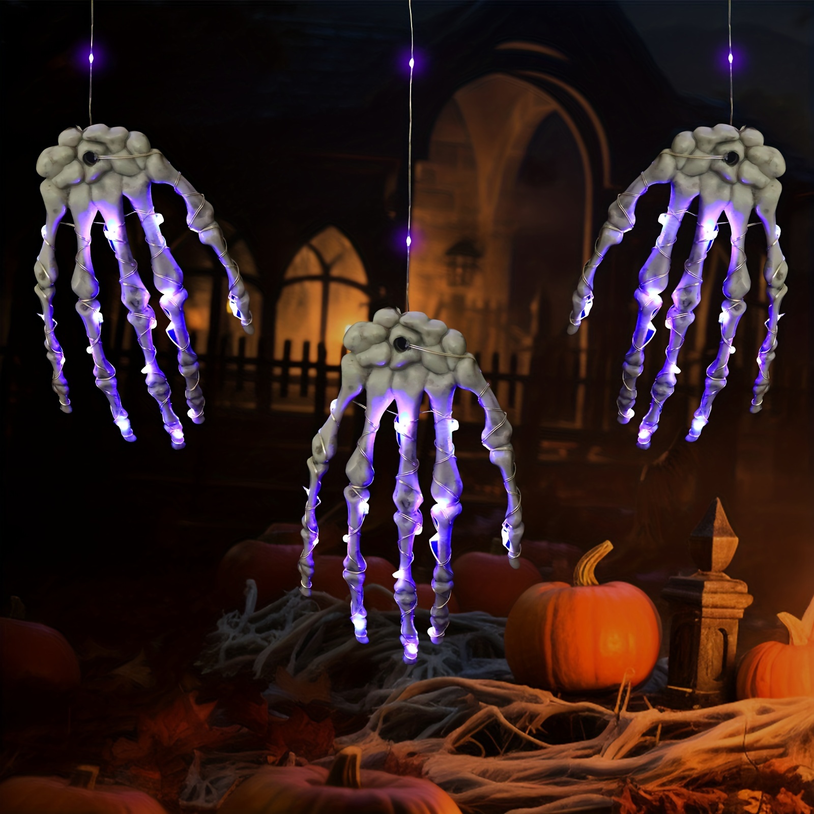 

Halloween Led Skeleton Hand Lights, Pvc Material, Battery Powered Hanging Spooky Ghost Hands Decor With Purple Led Lights, Non-changing Single Color For Halloween And Day Of The Dead Festivities, 1pc