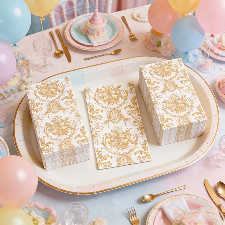 TEMU Un ensemble de 20 serviettes de table de style vintage, aux dorés, ornées de complexes de rouleaux, de et de branches florales. Parfaites pour