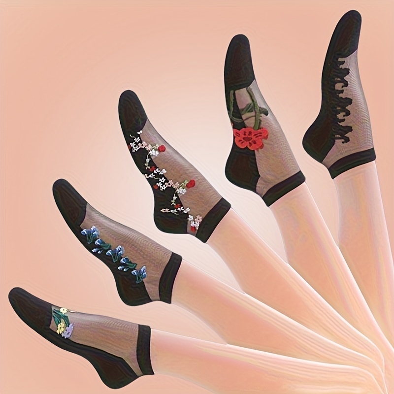 

5 Pairs Floral Pattern Socks, Thin & Breathable Silk Crew Socks, Women's Stockings & Hosiery
