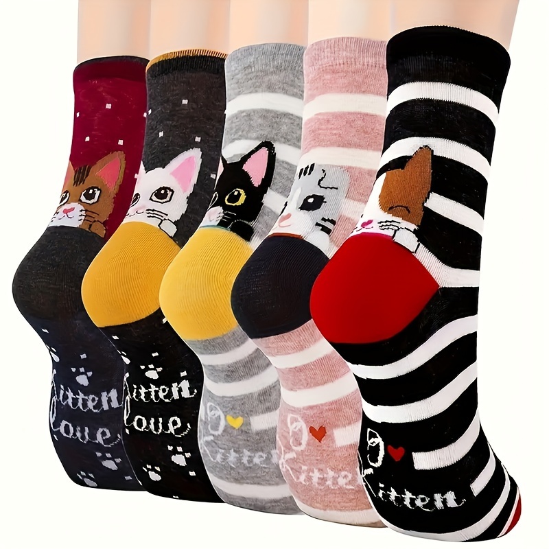 

5 Pairs & Striped Socks, Cute & Casual Mid Tube Socks For Fall & Winter, Women's Stockings & Hosiery