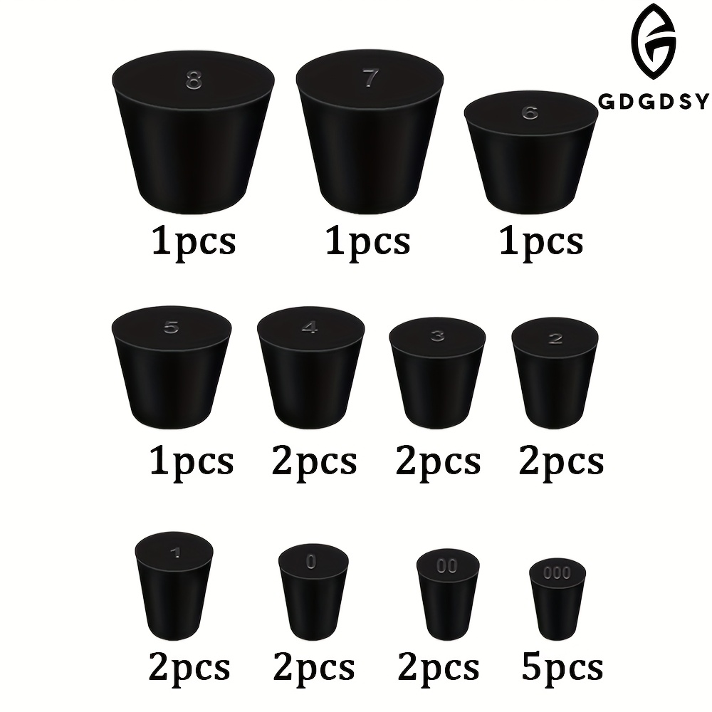 Set Of 21 Solid Black Rubber Stoppers In Tapered Sizes, Ranging From 000# To 8#, Including 11 Different Sizes Suitable For Flasks, Sealing Holes, And Use