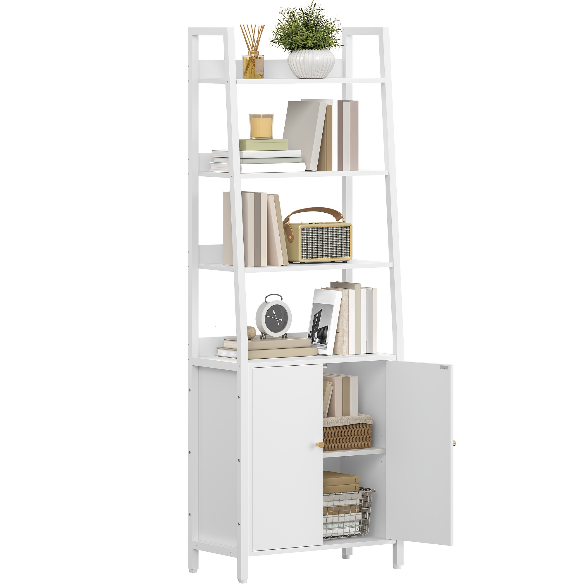 TEMU Estantería de niveles con puertas, almacenamiento para dormitorio, estante vertical de escalera con 4 estantes abiertos, estantes ajustables,