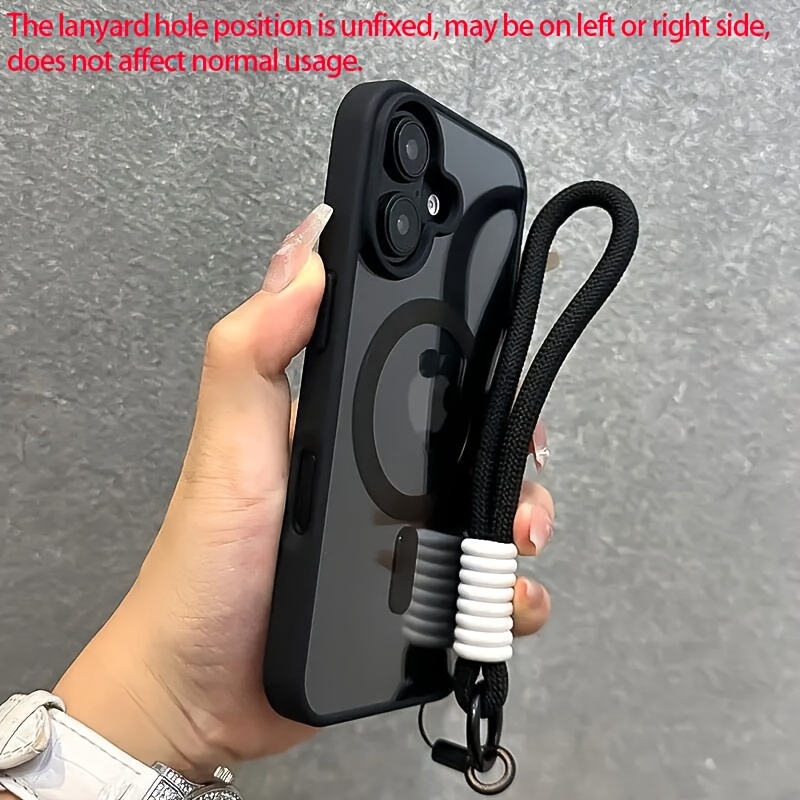 TEMU Funda de lujo transparente color macaron para teléfono con correa de muñeca, cordón pequeño, carga inalámbrica magnética, compatible con iPhone
