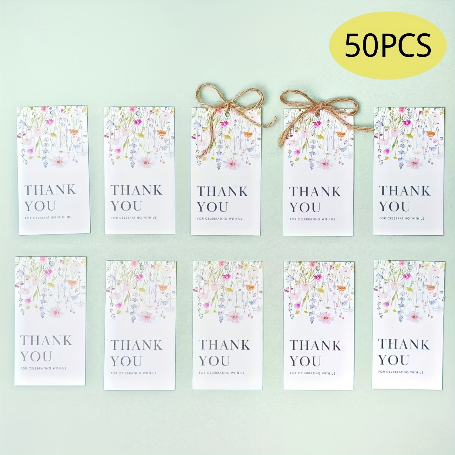TEMU Party Packs 50pcs Thank You Cards Floral Thank You Tags, Gift Card With String For Wedding Party, Thank You Paper Tags For Flower Themed Bridal
