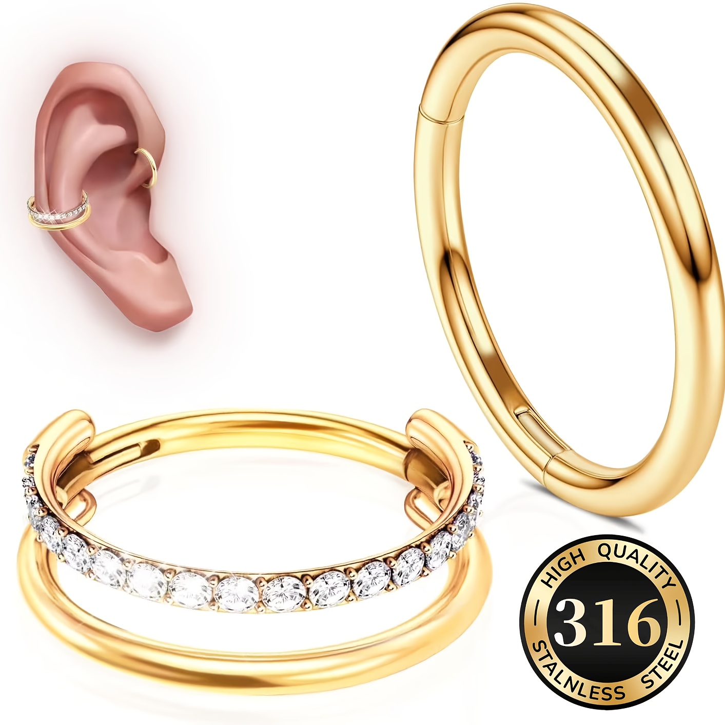 E-shop 2 Stk. modischer minimalistischer 316 Edelstahl nahtloser Kreisring-Septumring mit Einzelring , hypoallergener Ohrknorpel-Tragusring mit