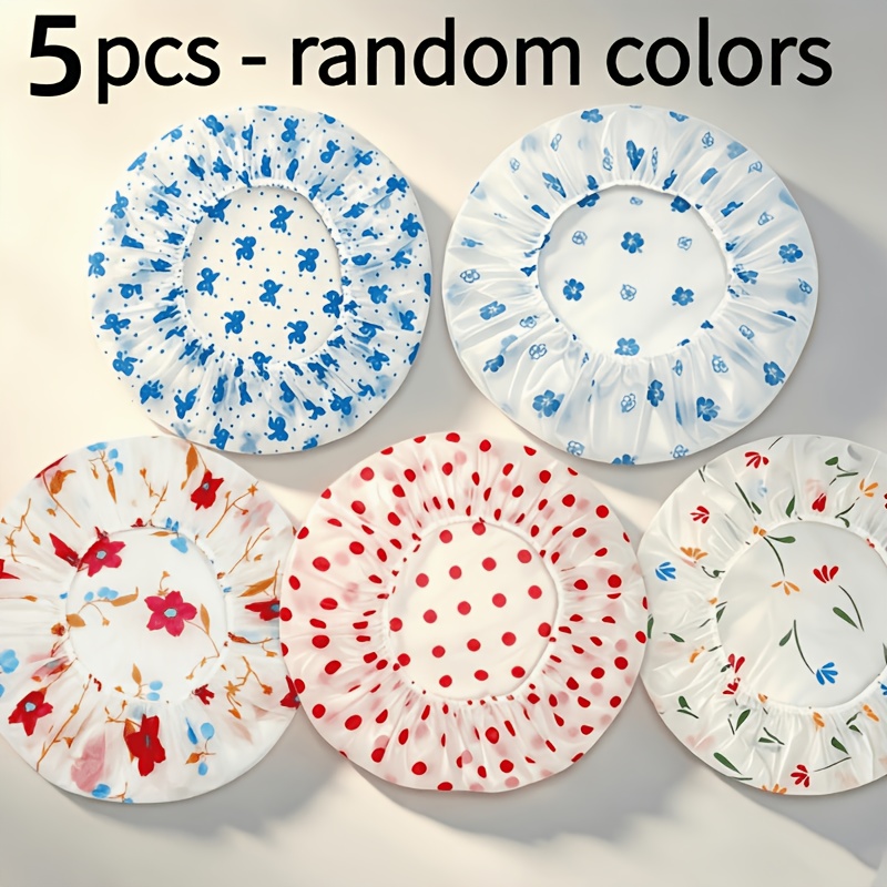 TEMU Lot de 5 bonnets de douche de haute qualité, épaisseur 20 μm, bonnets pour cheveux pour femme, bonnets de douche imprimés à élastique réglable,