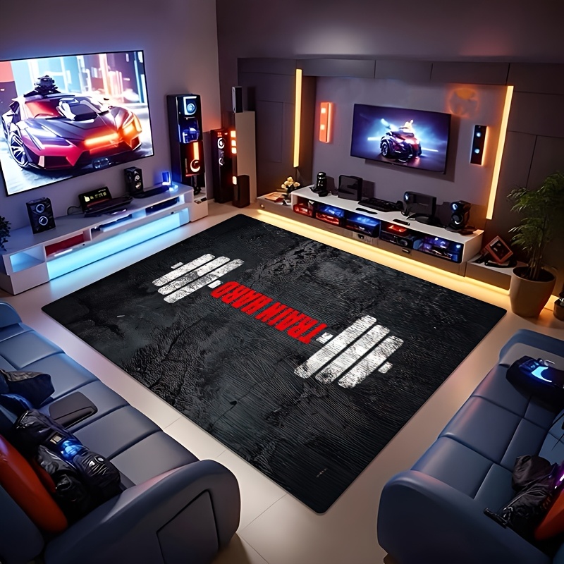 TEMU 1pc Fitness Floor Mat With Dumbbell & Barbell Weightlifting Design - Non-slip Thickened Soft Polyester Mat For Home Gym, Living Room, Bedroom,