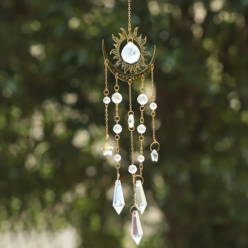 

1pc Golden Sun Moon Crystal Pendant Suncatcher Outdoor Garden Ab Color Hanging Decorative Ornaments, Live Decor, Room Decor, Home Decor, Window Decoration Pendant, Holiday Party Decoration