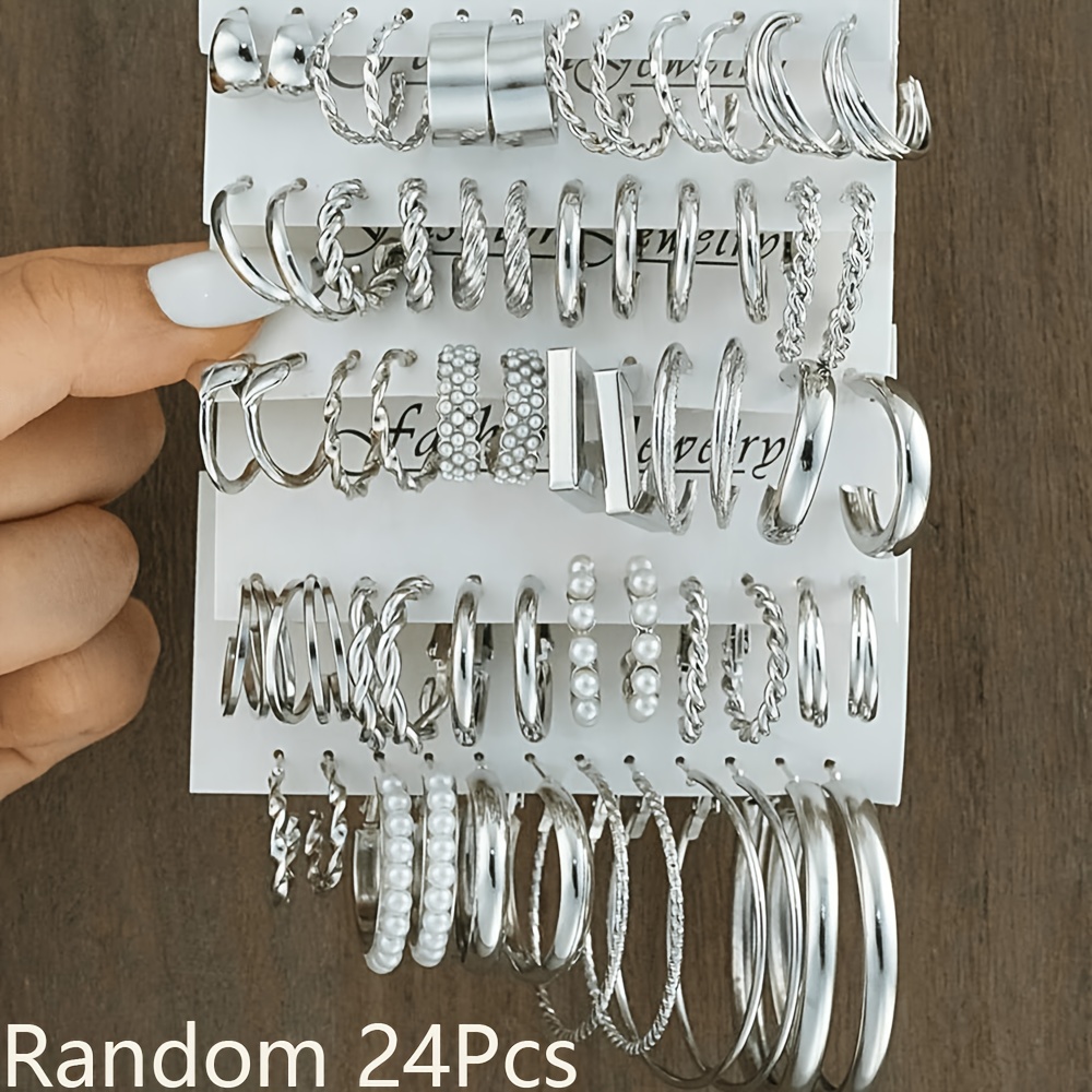 TEMU 24 pcs. Lot de boucles d'oreilles fantaisie pour femme, style aléatoire, élégant, et , façon anneau en C, créoles O, cœur torsadé, géométrique,