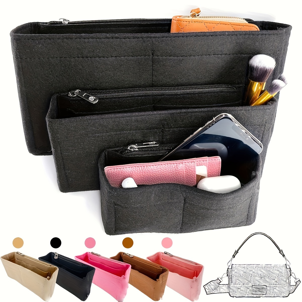 

Multi-pocket Organizer Insert Bag, Felt Cloth Zipper Cosmetic Storage Bag, Lightweight Portable Inner Travel Storage Bag