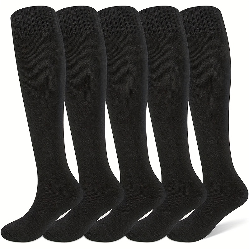 5 Pairs Women's Autumn Winter Thick Long Socks Winter Fleece -resistant Calf Socks Solid Black Soft Comfortable Wear