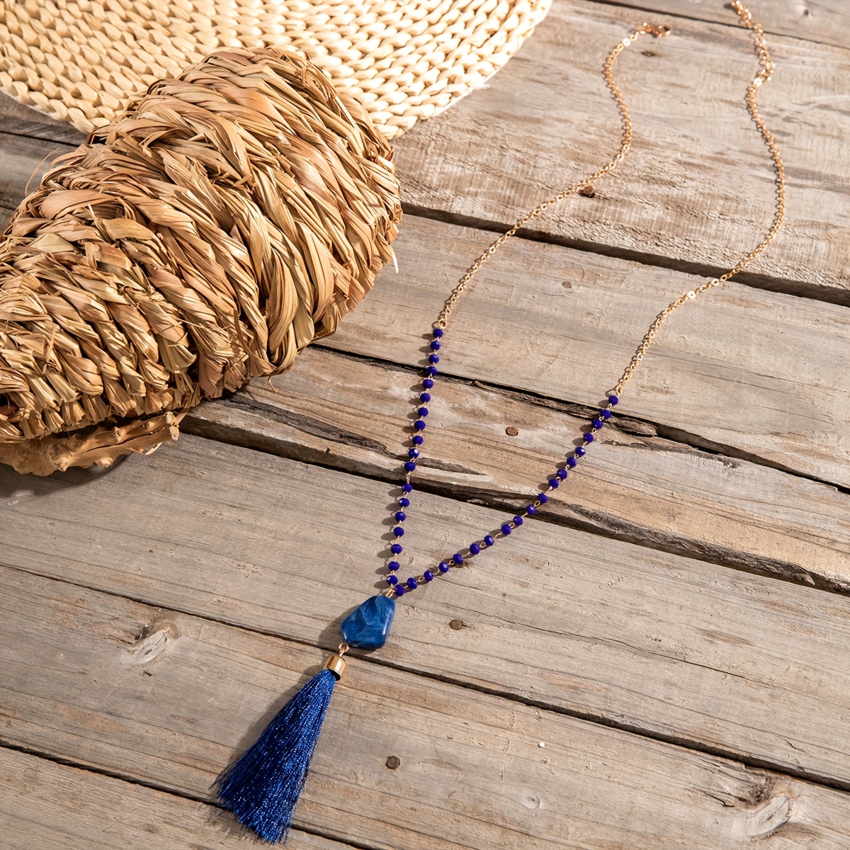 Crystal Stone Pendant Necklace with Tassel Cord