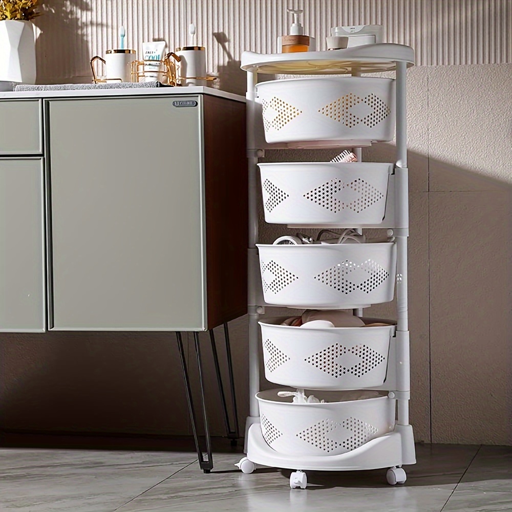 Estante de almacenamiento giratorio redondo de cinco niveles para cocina, carrito de almacenamiento rodante para frutas y verduras, apto para cocina, sala de estar, dormitorio, cuarto de baño, color blanco, detalles 0