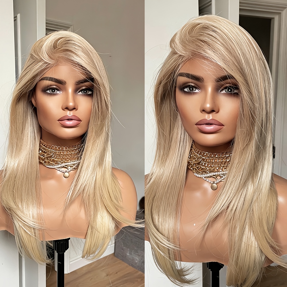 Image of 26-inch Long Straight Blonde Lace Front Wig For Women Preplucked Glueless Heat Wig Light Blonde Lace Frontal Hair For Daily Wear Density