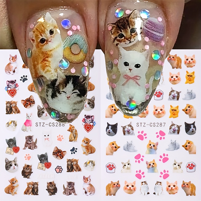 

2 Sheets Whimsycat Cat Nail Art Stickers, Self-adhesive Plastic Nail Embellishments With Embroidered Detail, Animal Print Irregular Shapes, Diy Manicure Decor For Plastic , Single Use