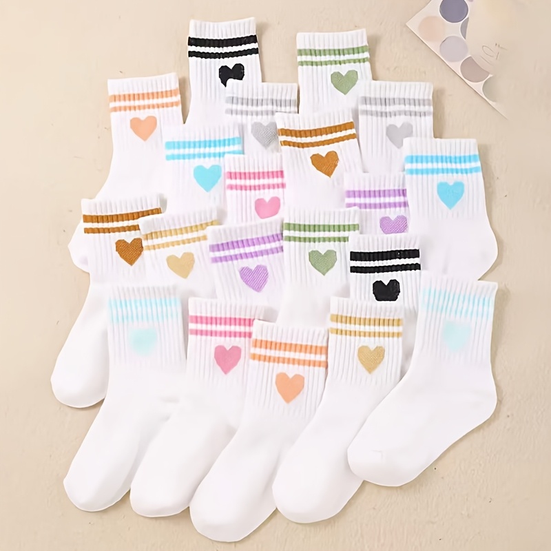 Image of 10-pair Girls' Socks With Heart Pattern, Comfortable White Children's Socks, , Suitable For Daily Wear, For Kids
