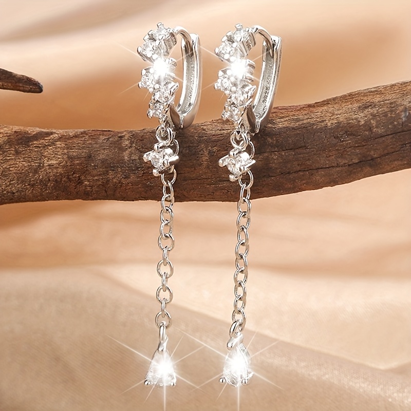 

. 1.6g 2pcs Set Of Synthetic Zirconia Water Drop Tassel Earrings Water Drop Long Earrings For Women