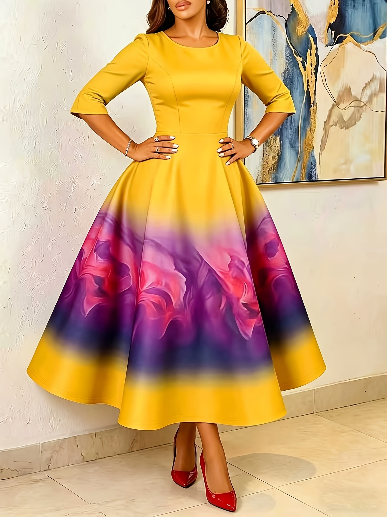purple and yellow dress sold on Temu United States