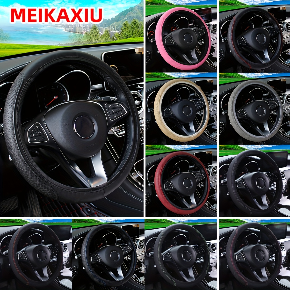 

Embossed Leather Car Steering Wheel Cover, Soft Comfortable Grip, Universal Fit 37-38cm Diameter, Automotive Accessory Without