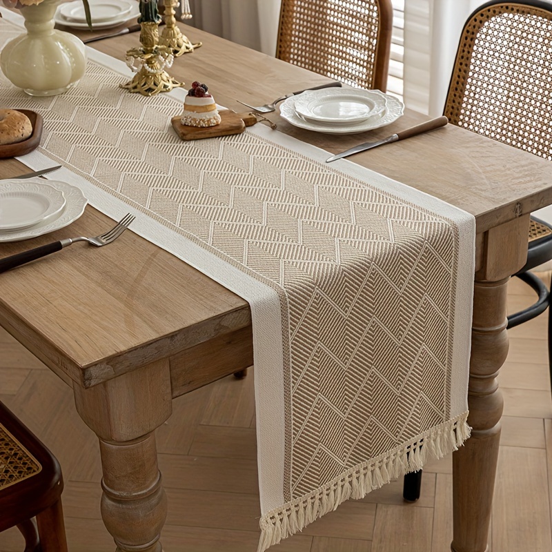 

Woven Polyester Table Runner With Fringe Tassels, Beige Striped Pattern, Rectangular Table Cover For Home, Party, Hotel, Restaurant Decor - 1 Piece