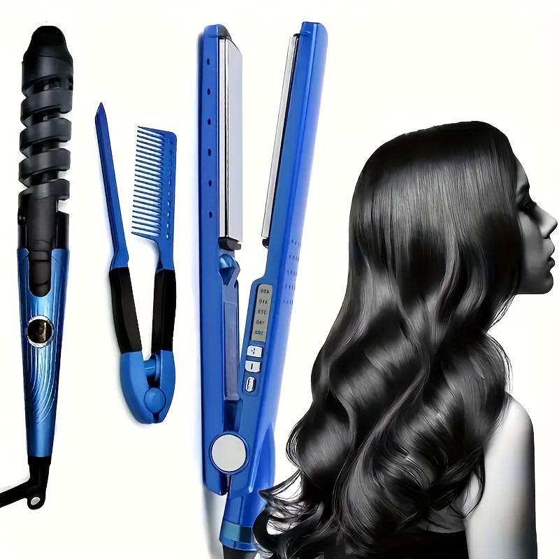 

3 Pcs Blue Hairdressing Tools, Hair Straightener, Flat Iron, Curling Iron, V-brush, Salon Multifunction Hairdressing Tools