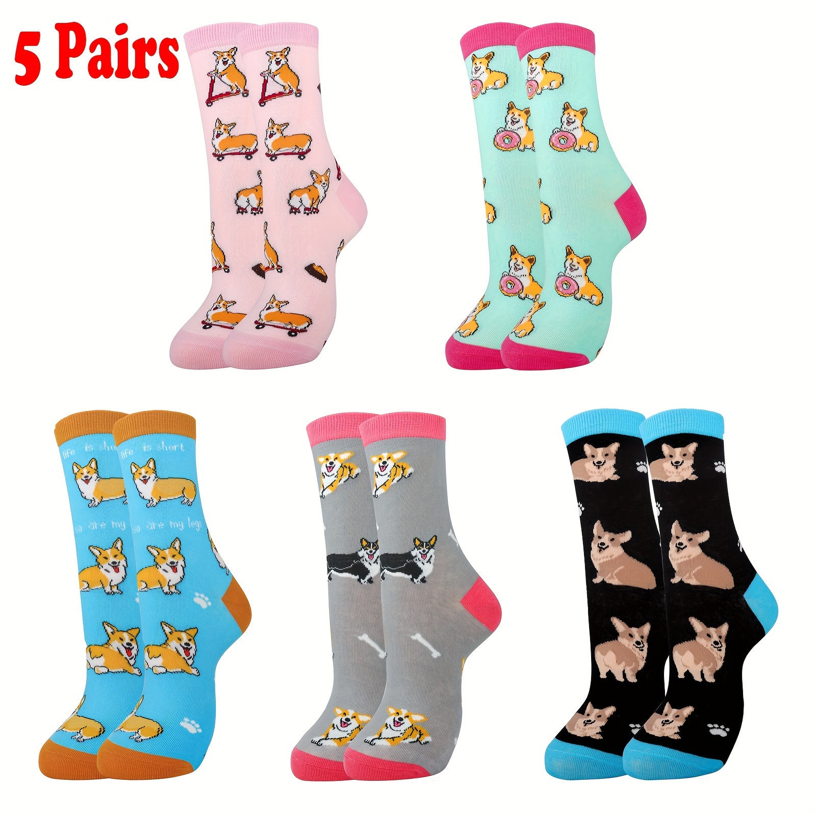 

5pcs Corgi Dog Socks - Soft, Comfortable & Breathable Cotton | Perfect Gift For Pet Enthusiasts | Unique Animal | Fits Us 5-8, Christmas & Father's Day, Birthday, Men's & Women's