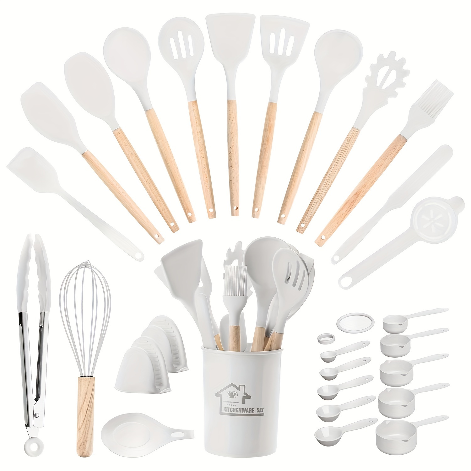 Food-Grade Silicone Cooking Tool Set With Wooden Handles And Stands, BPA-Free Non-Stick Cookware Gadgets For Baking, Stirring And Serving