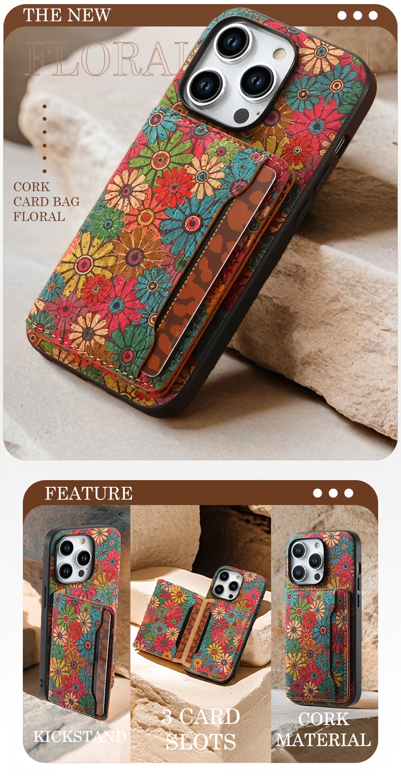 DENIOR Wooden Phonecase for iPhone 15/ 14/ 13/ 12 Series Case, with Glue Kickstand And Card Holder 3 Card Slots Can Insert 3-5 Cards Shockproof Protection, Turquoise And Red Flowers, Cork Wooden