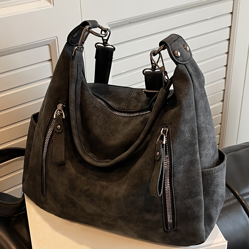 Women's Fashion Solid Color Versatile Textured Shoulder Bag, Large Capacity Multi-zipper Multi-pocket Multi-compartment Tote Bag, Crescent Bag Travel Backpack Style, Suitable For Work