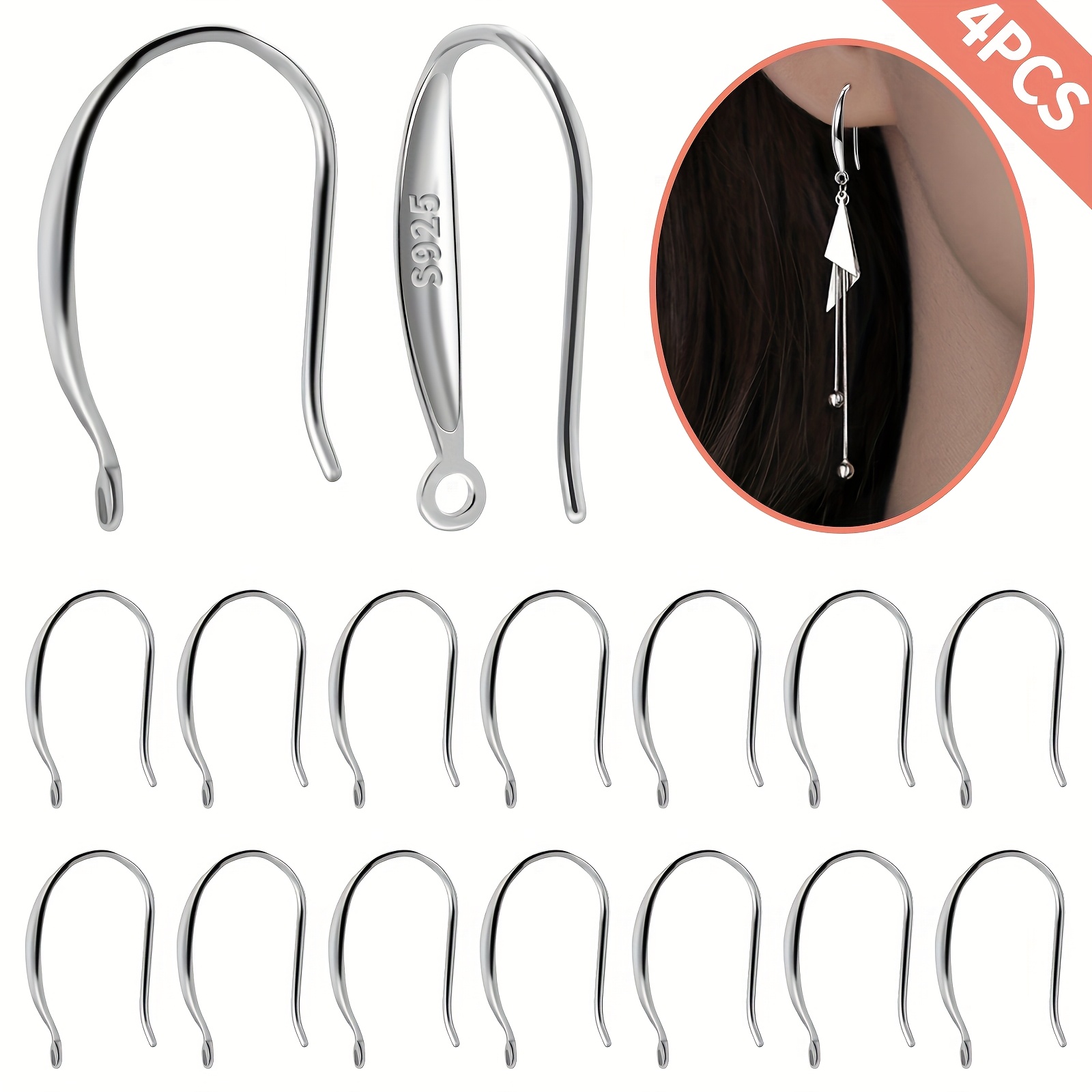 4pcs/ Ear Wires 925 Sterling Silver French Earring Hooks With Loop Dangle Fish Hook For Earrings Jewelry Making
