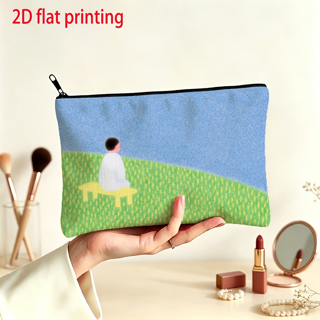 minimalistische illustratie   witte jurk figuur zittend op   kruk kijkend naar blauwe lucht en   gras draagbare make-up opbergtas, voor make-up kamer, gym, outdoor reizen, hotelverblijf, kwastenopslag, huidverzorging opbergen, korte trips, dagelijks woon-werkverkeer