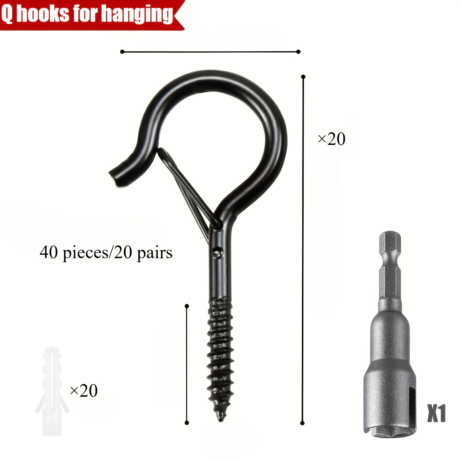 TEMU 41pcs Q-type Heavy-duty Iron Ceiling Hooks With Safety Catch - Rustic Black Metal Wall-mounted Hooks Suitable For Outdoor String Lights,