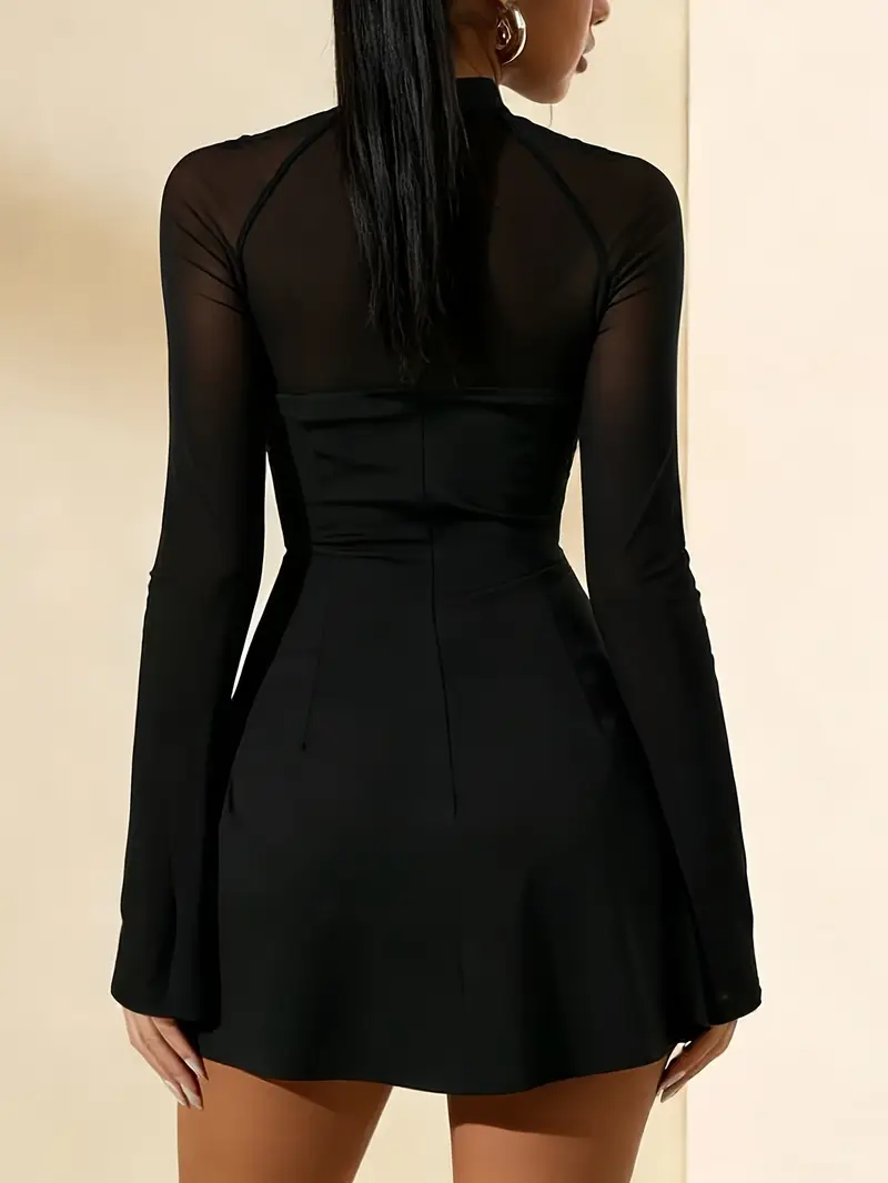 womens black high collar flared sleeve dress mesh panels a - Temu Mauritius womens black high collar flared sleeve dress mesh panels a - Temu Mauritius