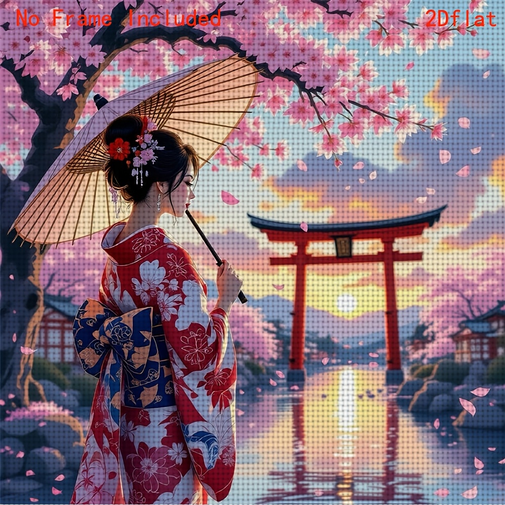 TEMU 1 Ensemble Nouveau Kit d'impression cadre pour adultes - , "Femme Kimono tenant un parapluie contemplant les " Motif 2D, Ensemble de broderie à