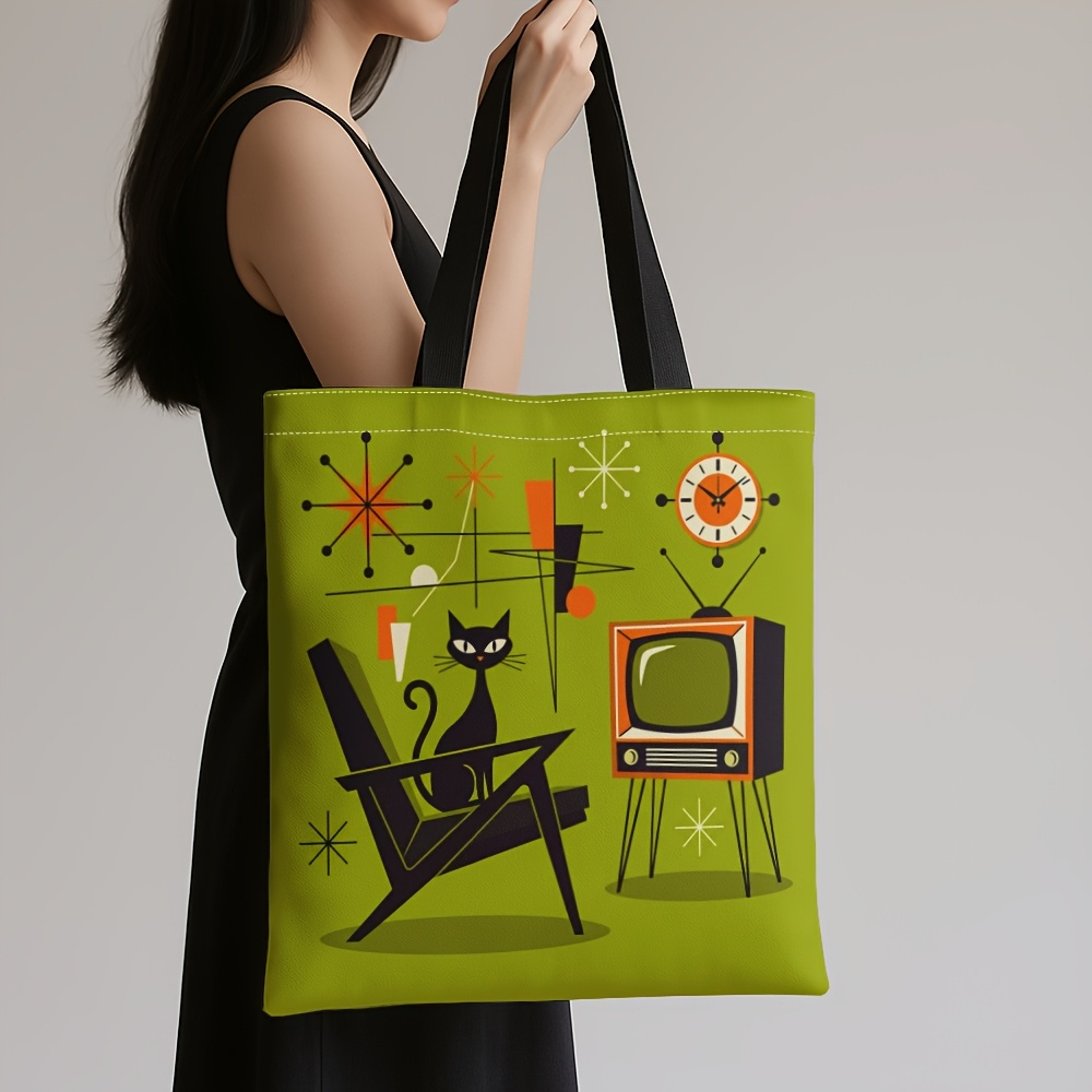 TEMU 1pc Women' Mid-century Modern Tote Bag - Reusable Nylon Handbag With Shoulder Straps, Multifunctional Suitable For Shopping,, Travel, Machine