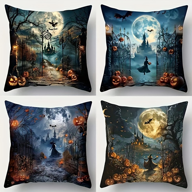 TEMU 4pcs Halloween Decorative Pillowcase Set With , Castle And Pumpkin Designs For Sofa And Bedroom - Soft Polyester, Zipper Closure, Hand Wash