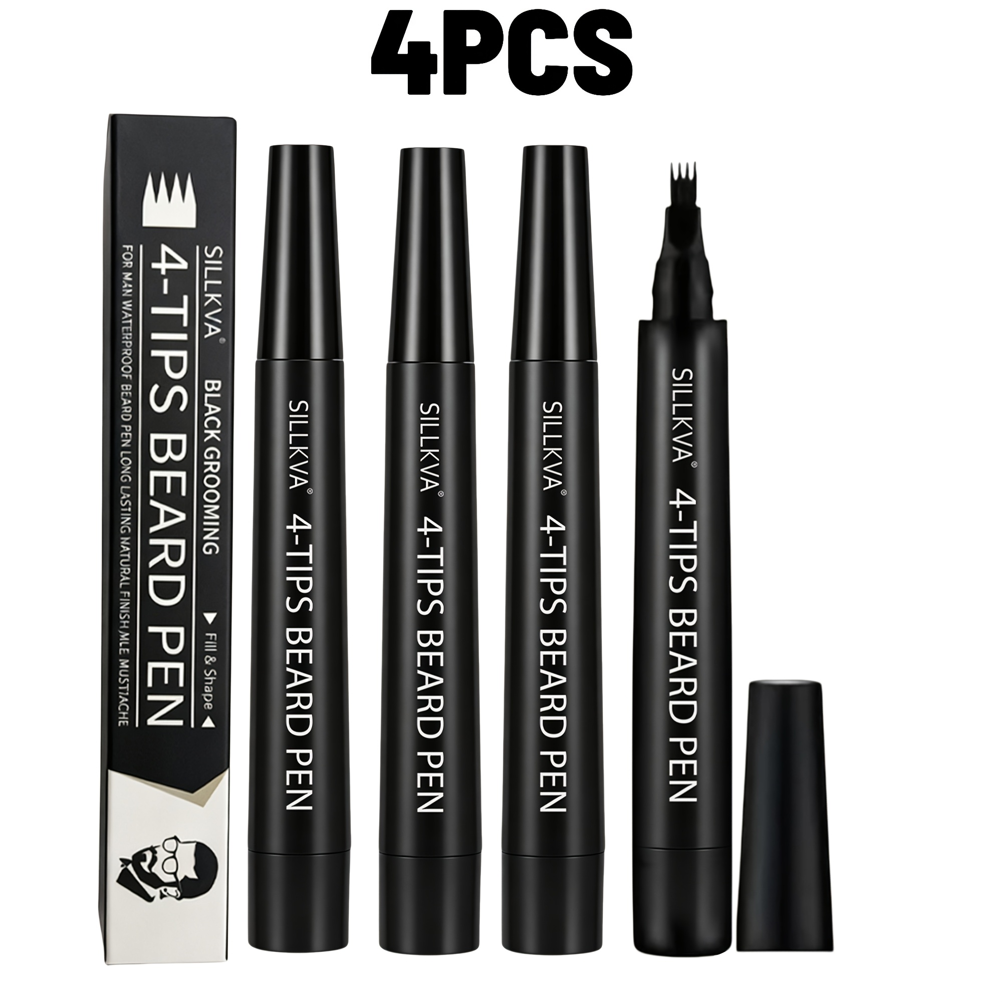 Upgraded 4pcs Sillkva Men's Beard Filler Pen, 4-needle Tip - , Long-lasting, Waterproof & Sweat-resistant, Portable, , Skin - For /thin Beard & Gray Hair - Best Gift For Boyfriend/father's Day