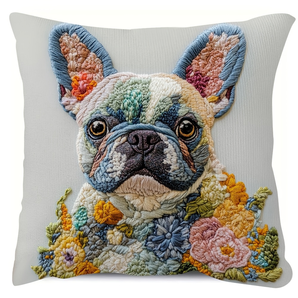 

1pc Vintage French Bulldog 18x18 Inch Soft Plush Throw Pillow Cover - Floral Embroidery Design, Zippered, Ideal For Sofa & Bed Decor, Hand-washable Polyester (no Insert), Cute Pillows