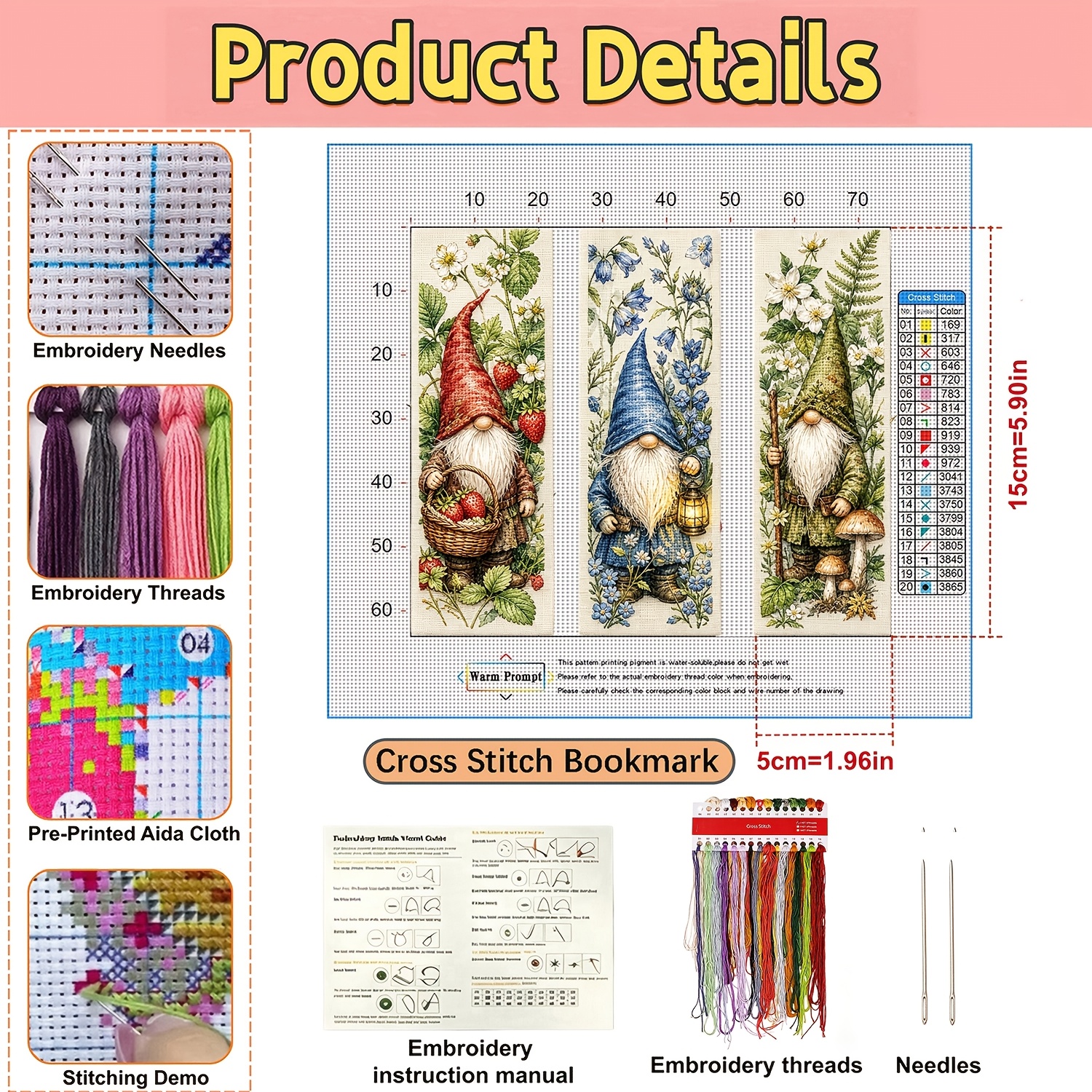 11-Carat Printed Cross-Stitch Bookmark Set, Forest Fruit Gnome Theme