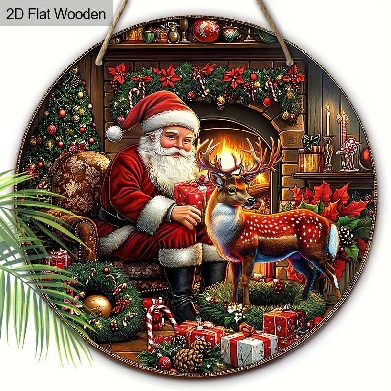 TEMU 1pc Of Santa-themed Wreath Sign - A Rustic Wooden Round Decoration For The Door, Perfect For Christmas Home Decor, Measuring 7.87x7.87 Inches Or