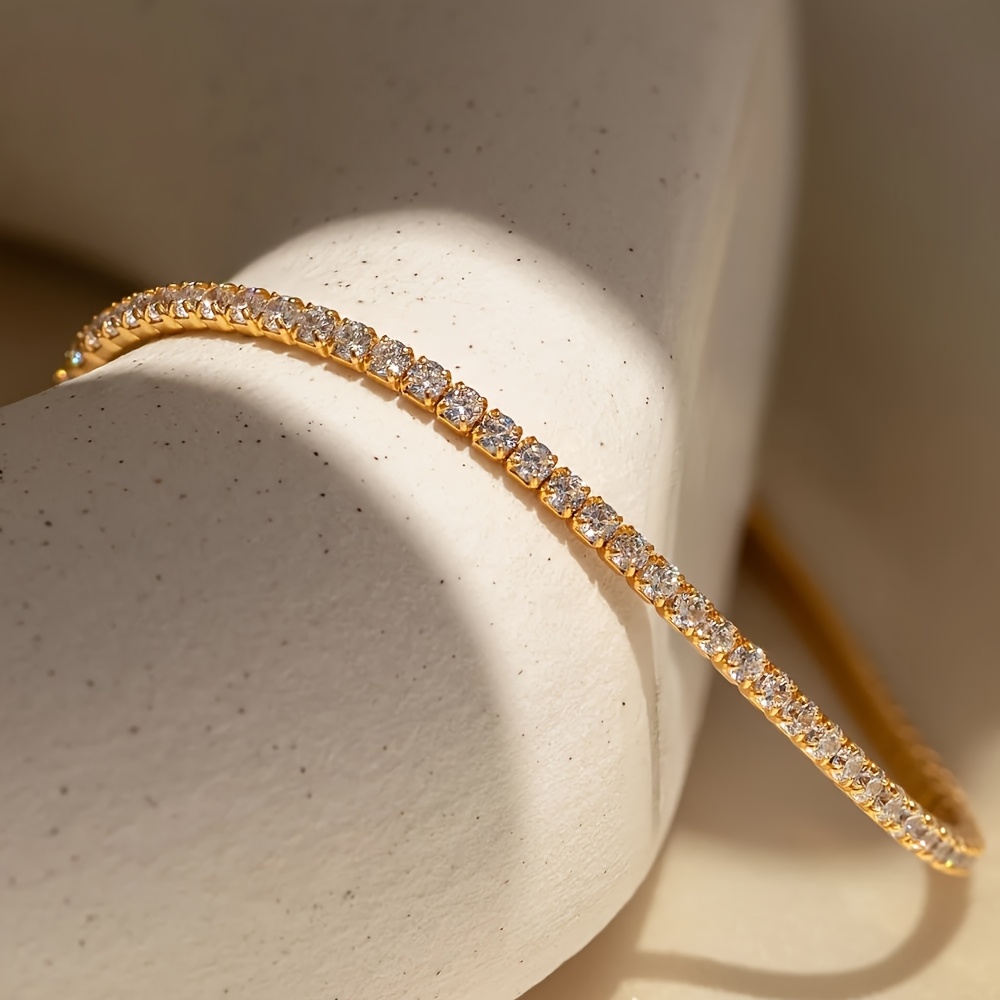 Image of An Elegant Golden/silvery Stainless Steel Featuring Sparkling Round Cubic, A Luxurious And Unique Bracelet Suitable For Casual Wear, Minimalist Fashion, Jewelry, Style, Sparkling, Valentine's Day Gift