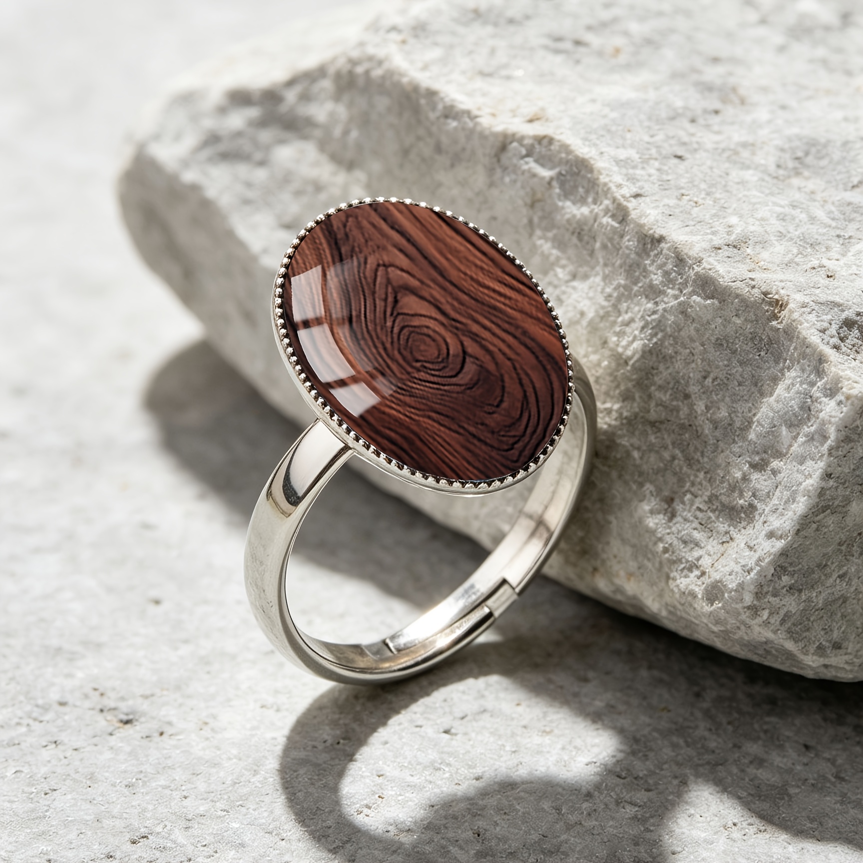 Dark Brown Swirl Wood Grain Pattern Stainless Steel Oval Open Ring