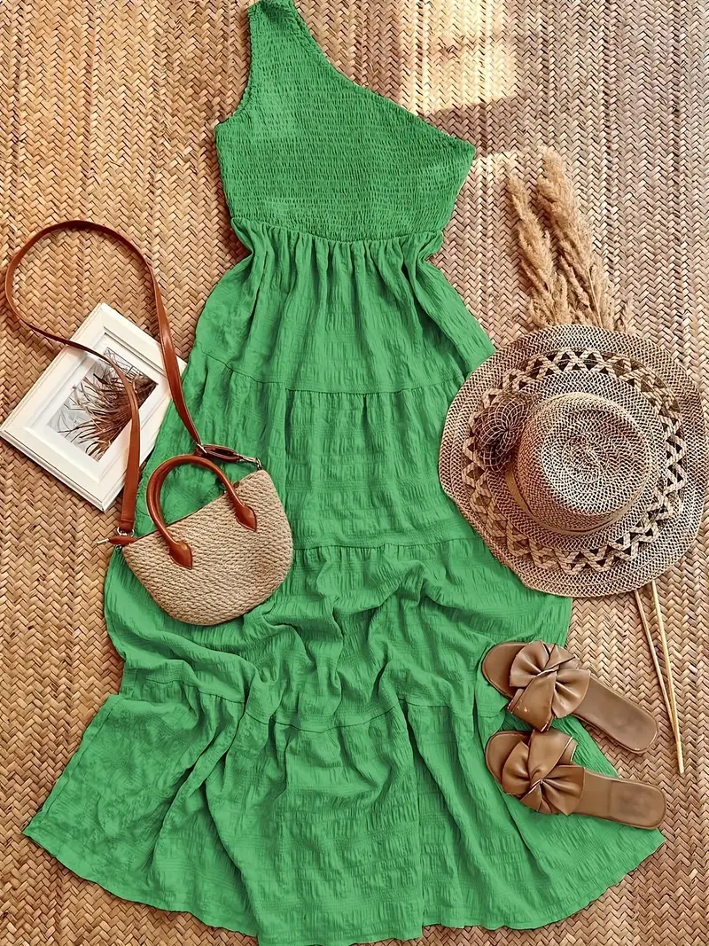 elegant one shoulder green midi dress shirred waist flared - Temu Bahrain elegant one shoulder green midi dress shirred waist flared - Temu Bahrain