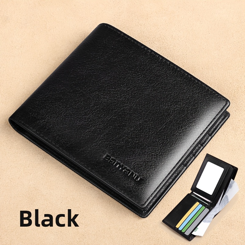 TEMU Men's Genuine Leather Anti Theft Brush Wallet Retro Bifold Short Multifunction Id Credit Card Holder With 2 Id Wallets