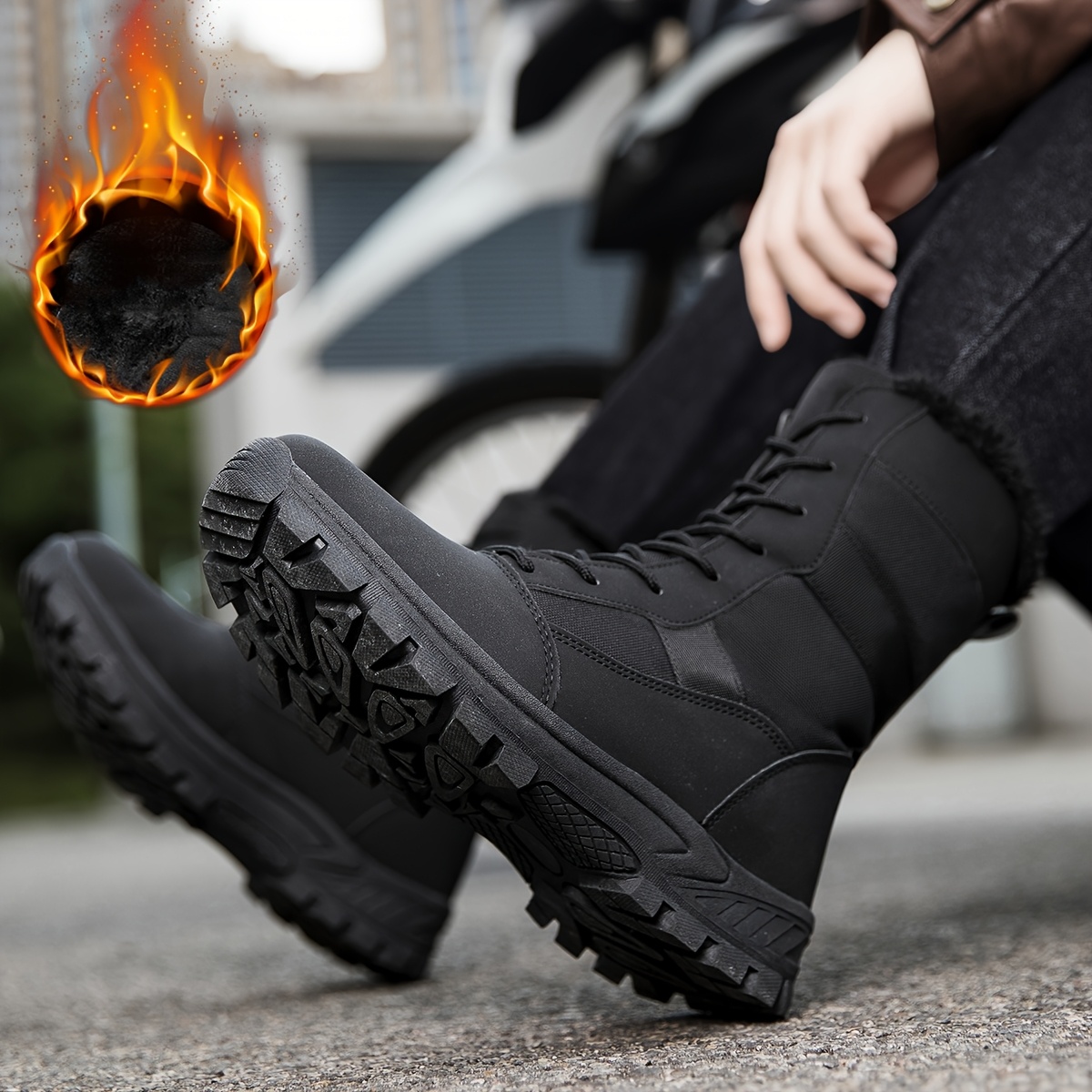 mens heavy duty winter boots with fleece thick warm snow shoes upper tpr traction tires high nkle lace up hiking boots for     terrain cold weather footwear Product details 1