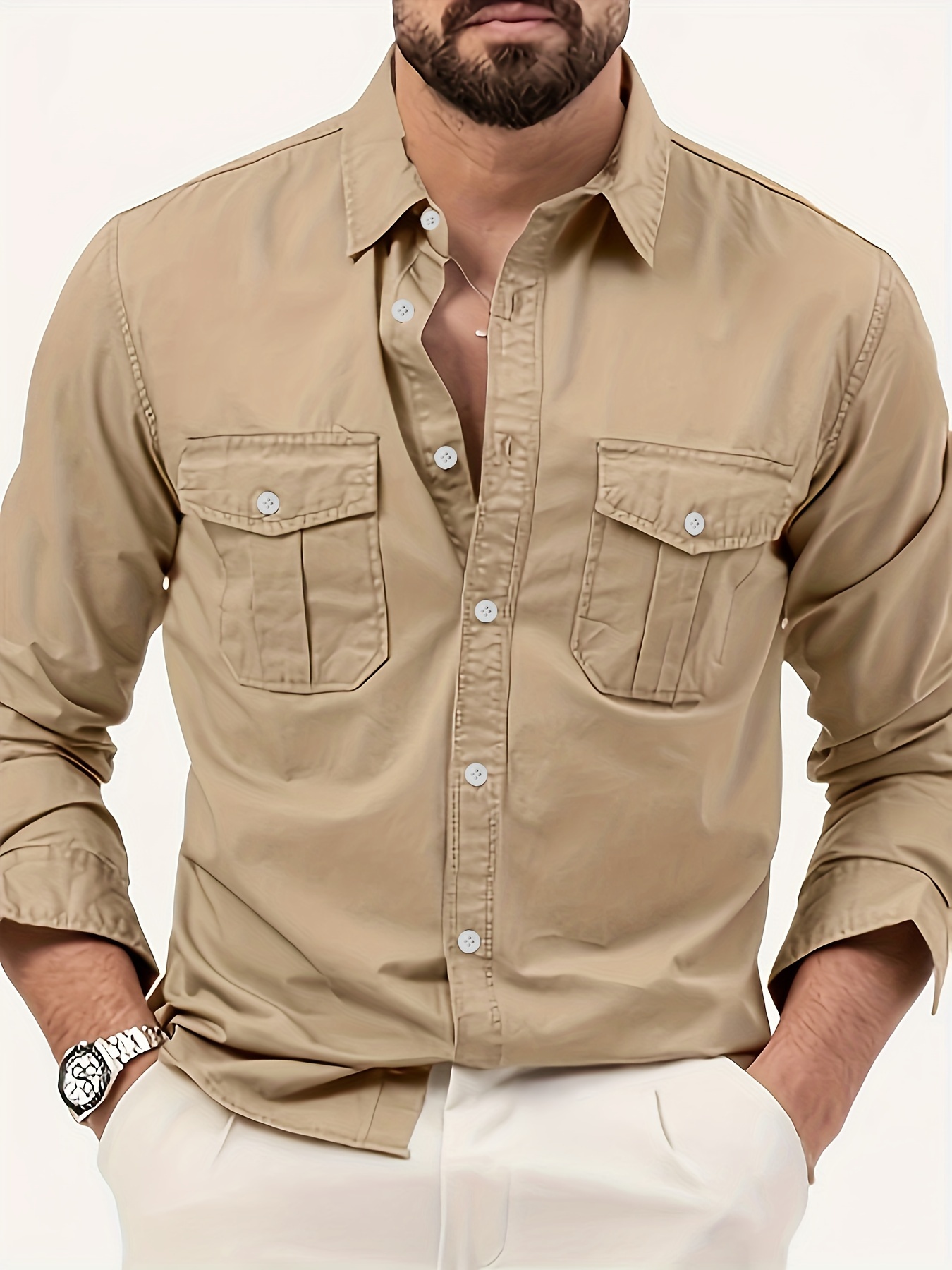 camisa casual larga hombre en color caqui Temu Colombia