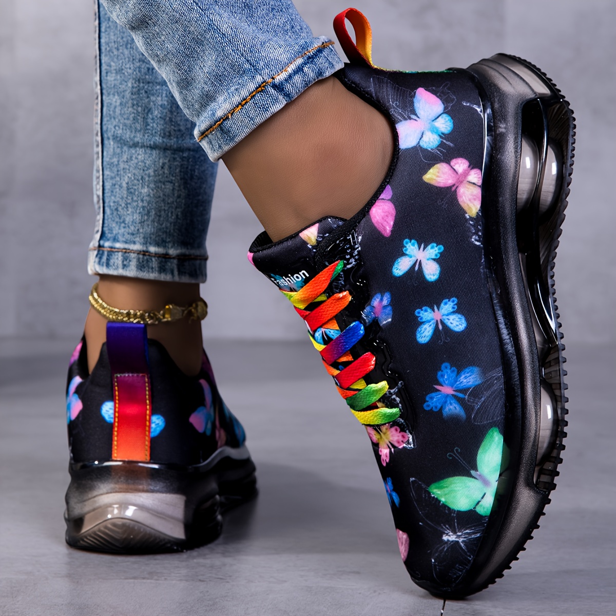 Sneakers, Butterfly Print Women's Shoes, Autumn/Winter Four-Season Style, Mesh Breathable Road Running Shoes, Lightweight Soft-Sole Women's Air Cushion Casual Shoes, Daily Wear Plus Size Casual Shoes