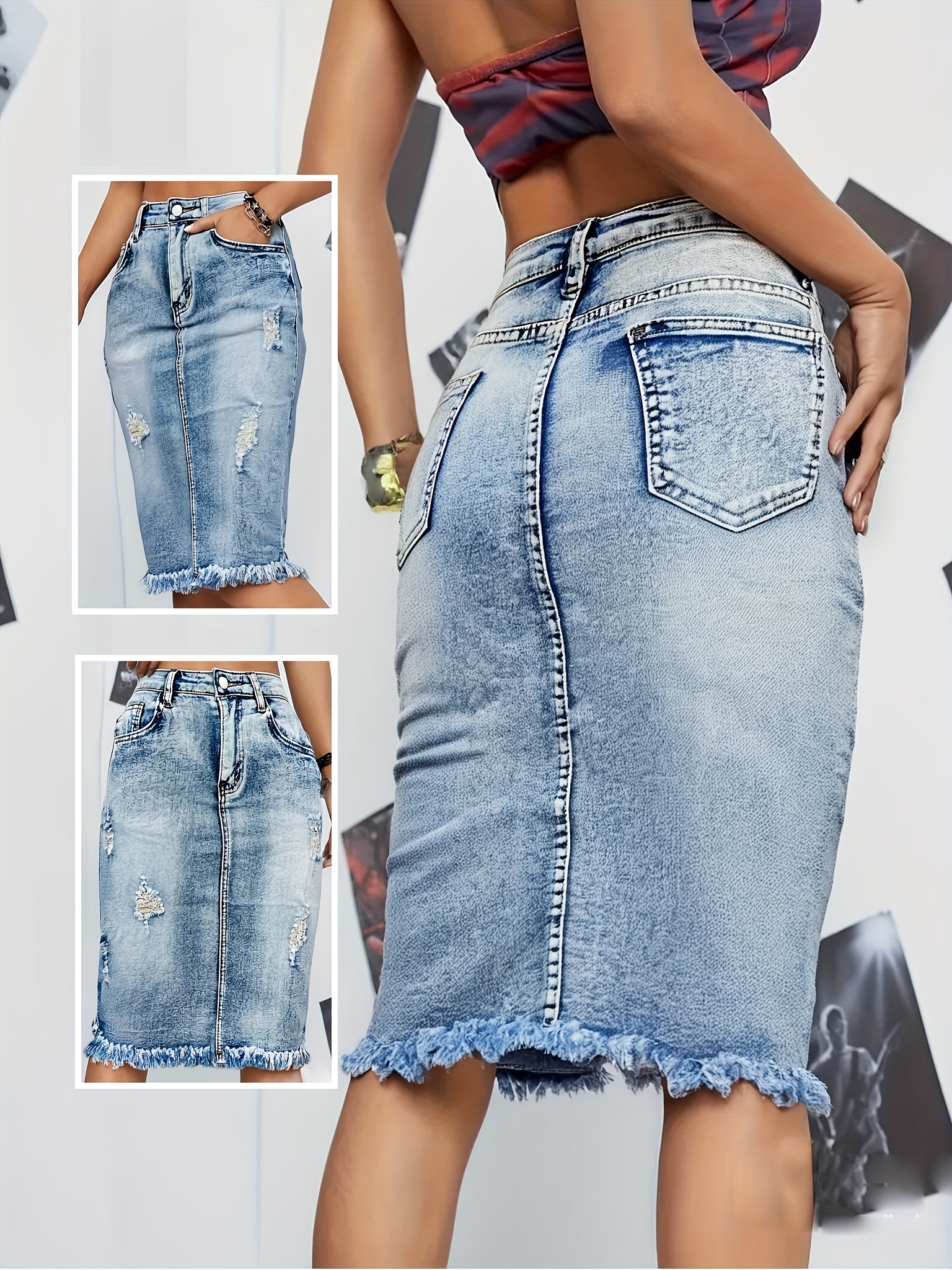 Pencil Skirt Knee Length Distressed Denim Skirt Women's Stretch