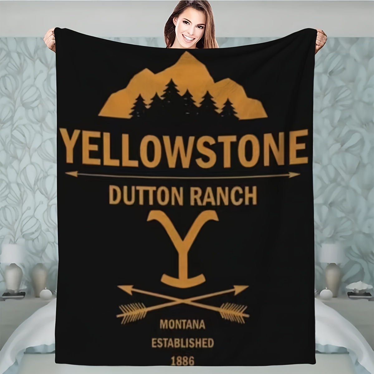 

1pc Yellowstone Montana Established 1886 Design Flannel Throw Blanket - Contemporary Style, All-season Multipurpose Soft And Warm Lightweight Knitted Bedding, Digital Print Stain Resistant Polyester